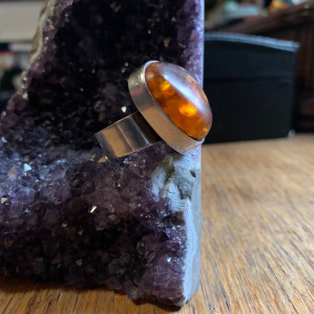 Vintage silver spoon ring w/ amber